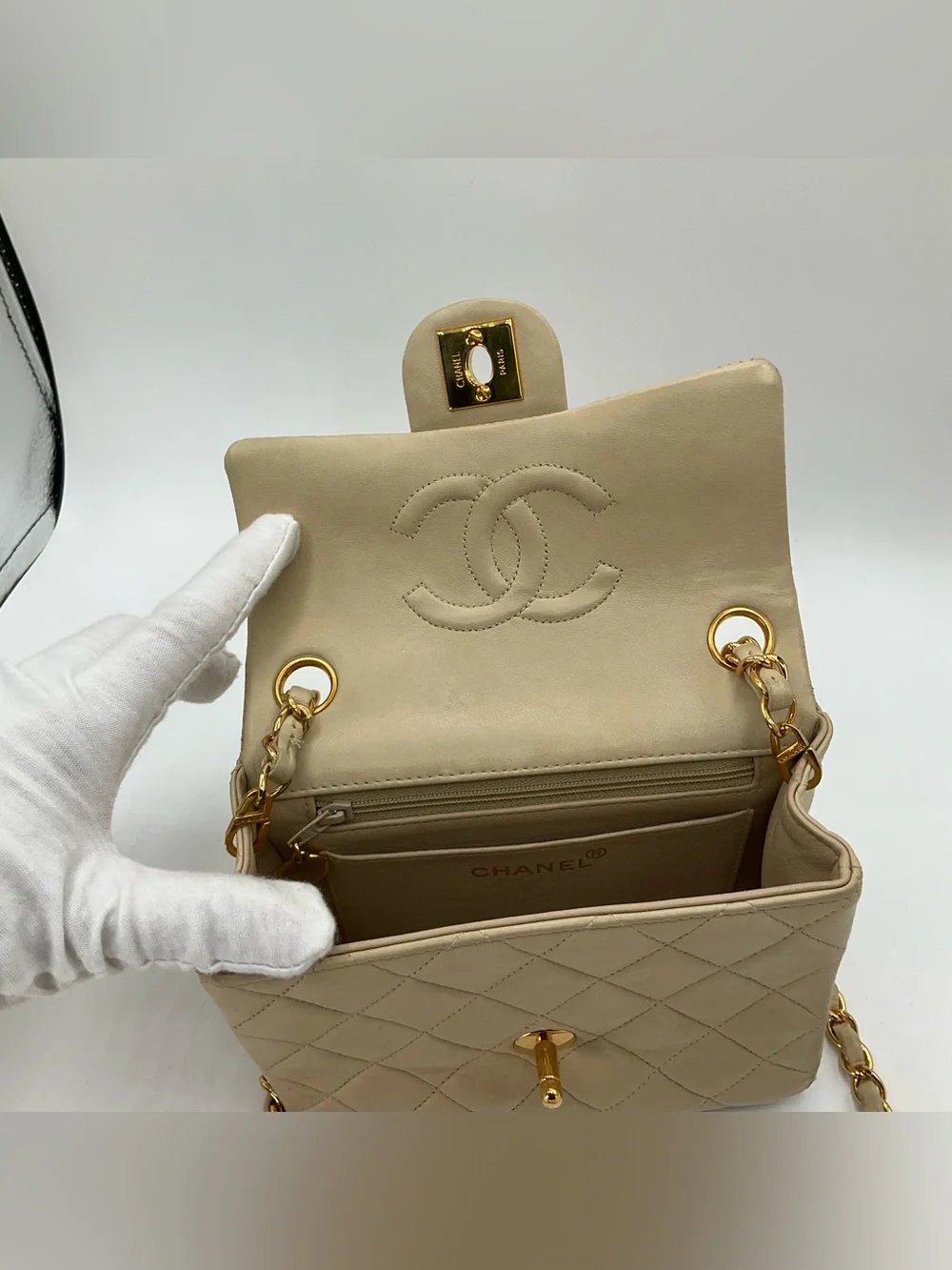 Chanel Classic Mini Flap Beige Quilted Lambskin Leather Gold Chain Shoulder Bag